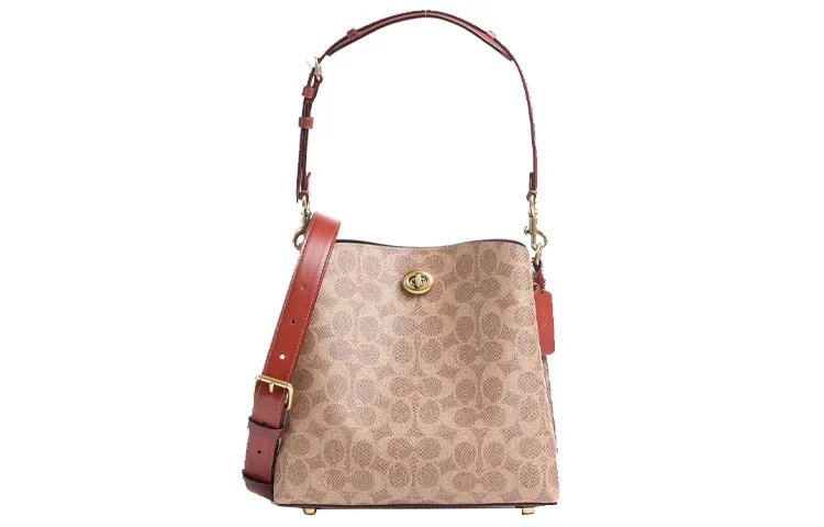 COACH Willow Leather Shoulder Bag Women's Red Brown & Brown Monogram