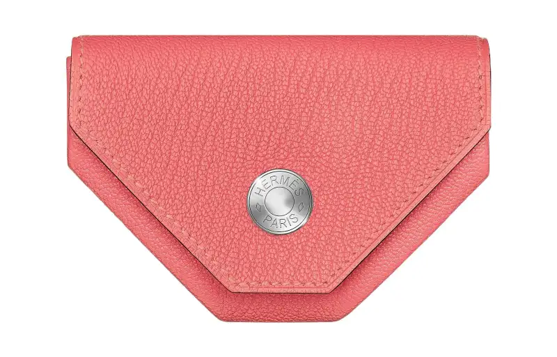 HERMES 24 Verso Silver Tone Buckle Mysore Goat Skin Coin Purse Women's Summer Rose Pink/Hermes Red