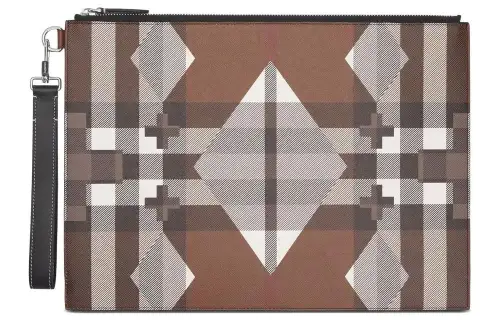 Burberry Large Geometric Check And Leather Zip Pouch 'Dark Birch Brown'