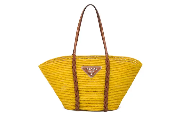 PRADA Woven Leather One Shoulder Handbag Women's Vibrant Yellow
