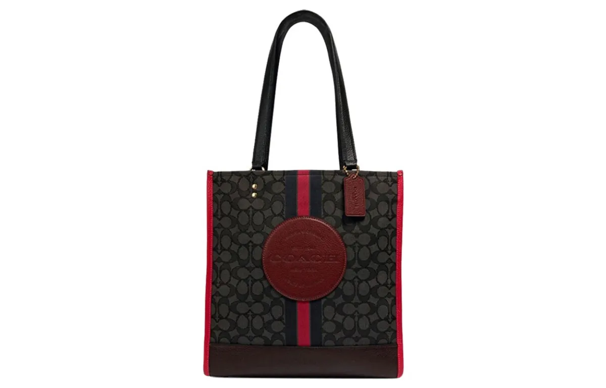 COACH Dempsey Canvas With Leather Tote Shoulder Bags Large Women's Red & Black & Gray Monogram