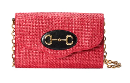 GUCCI Zumi Straw Woven With Leather Chain Bag, Shoulder Bag, Crossbody Bag Women's Coral Red