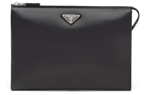 PRADA Saffiano Shiny Leather Clutch Men's Black