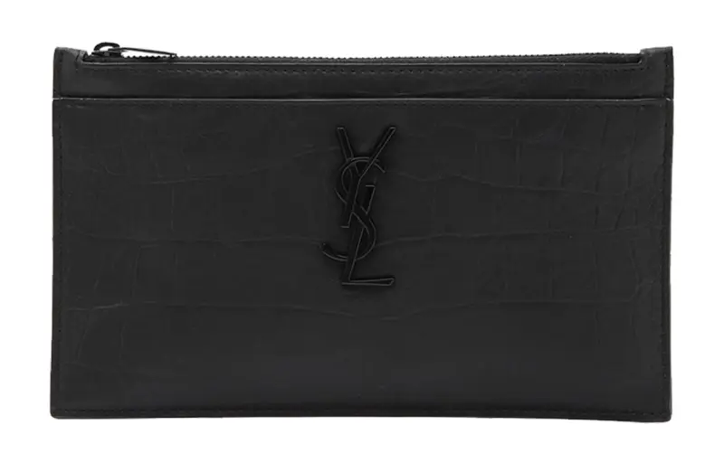 SAINT LAURENT Crocodile Pattern Embossed Leather Coin Purse, Clutch Regular Unisex Black