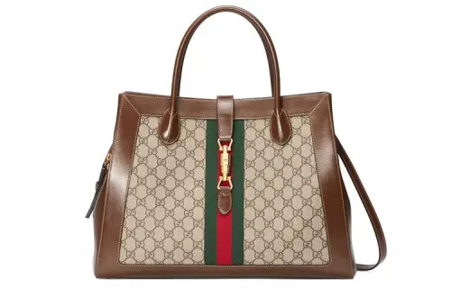 GUCCI Jackie 1961 Canvas With Leather Trim Tote Handbag, Shoulder Bag Unisex Brown