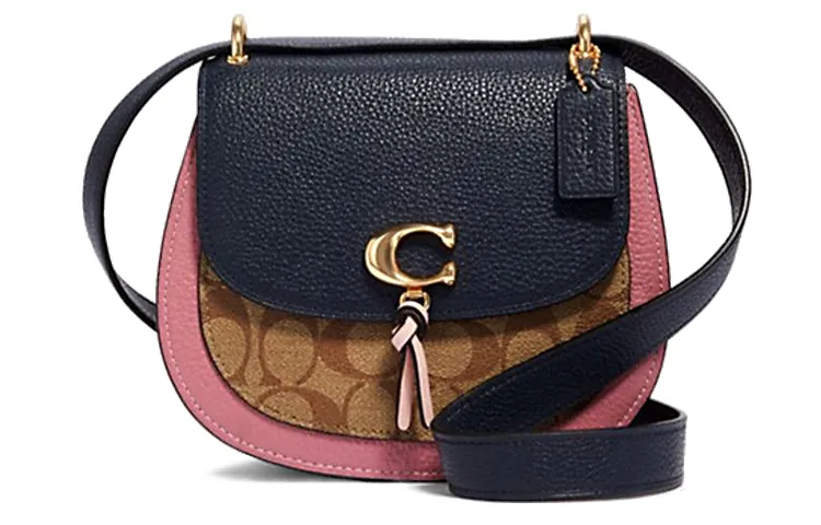 COACH Remi Multicolor Leather Saddle Bag, Crossbody Bag, Shoulder Bag Women's Khaki & Midnight Blue