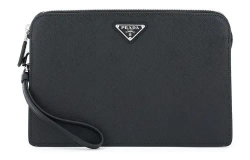 PRADA Saffiano Zip Closure Leather Clutch Men's Black