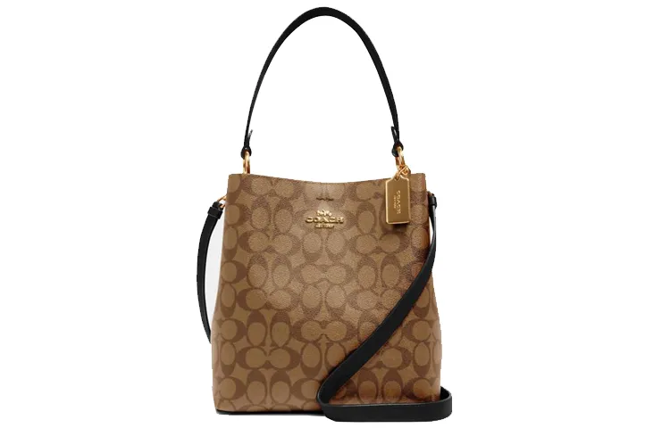 COACH Town Coated Canvas With Leather Bucket Bag, Shoulder Bag, Crossbody Bag, Handbag Medium Women's Brown