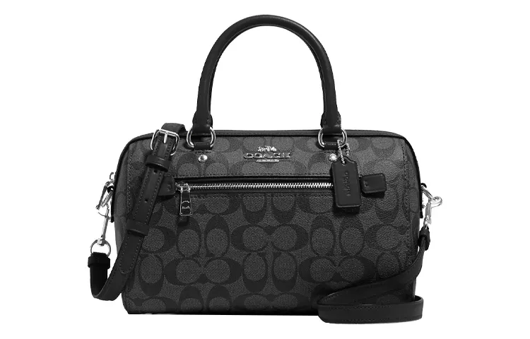 COACH Rowan Canvas With Leather Boston Bag, Pillow Bag, Shoulder Bag, Crossbody Bag, Handbag Medium Women's Black Gray