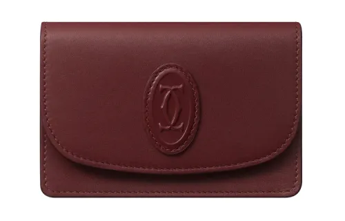 CARTIER Cow Leather Card Holder Women's Burgundy