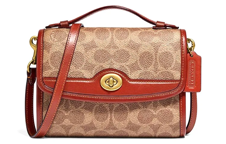 COACH Kip Canvas With Leather Shoulder Bag, Crossbody Bag, Handbag Small Women's Red Brown