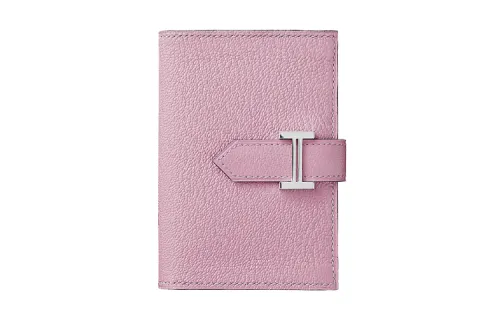 HERMES Bearn Silver Tone Buckle Sheepskin Card Holder Women's Mallow Pink
