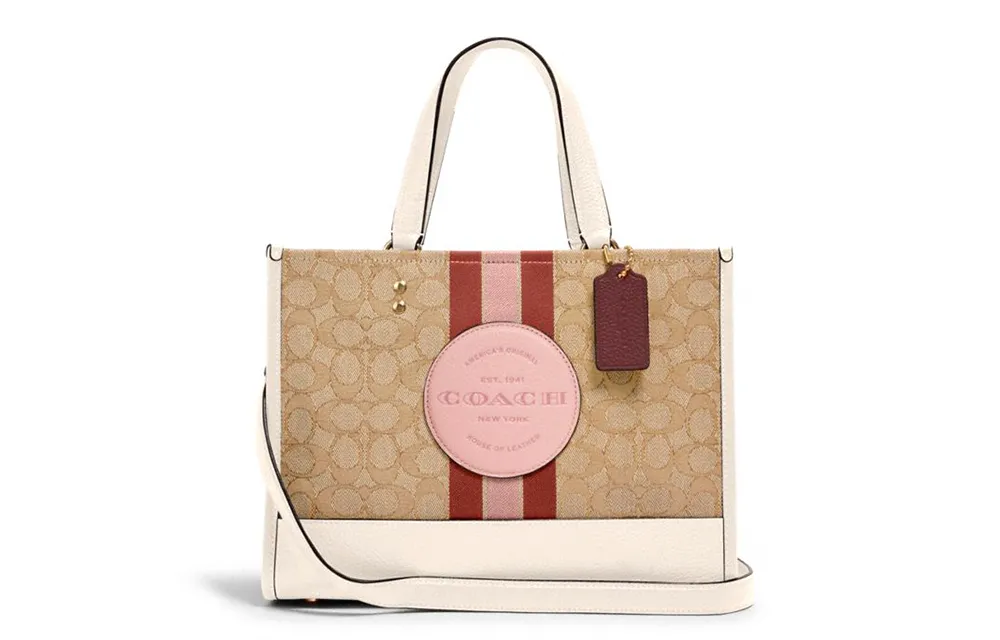 COACH Dempsey Cow Leather Tote Bag, Shopping Bag Handbags Large Women's Khaki Multicolor Cherry Blossom Pink