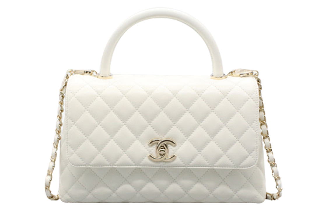 CHANEL Coco Handle Grain Embossed Calfskin Chain Bag, One Shoulder Handbag Women's White