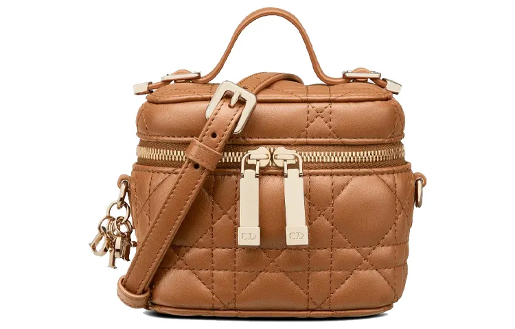 DIOR Lady Dior Lambskin Handbag Crossbody One Shoulder Makeup Handbag Mini Women's Orange