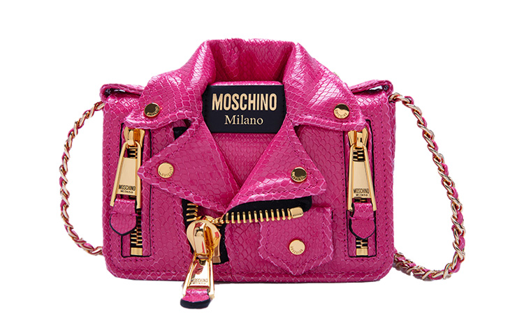MOSCHINO Moschino Biker python print lapel jacket motorcycle bag calfskin shoulder bag crossbody bag small women's rose red