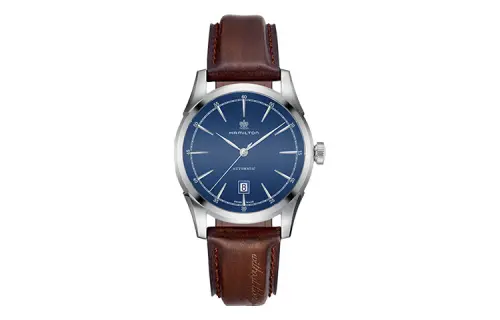 Classic mechanical mechanism, swiss watch, men's watch, blue dial, case stainless steel, leather watch strap, USA, Switzerland, 42mm