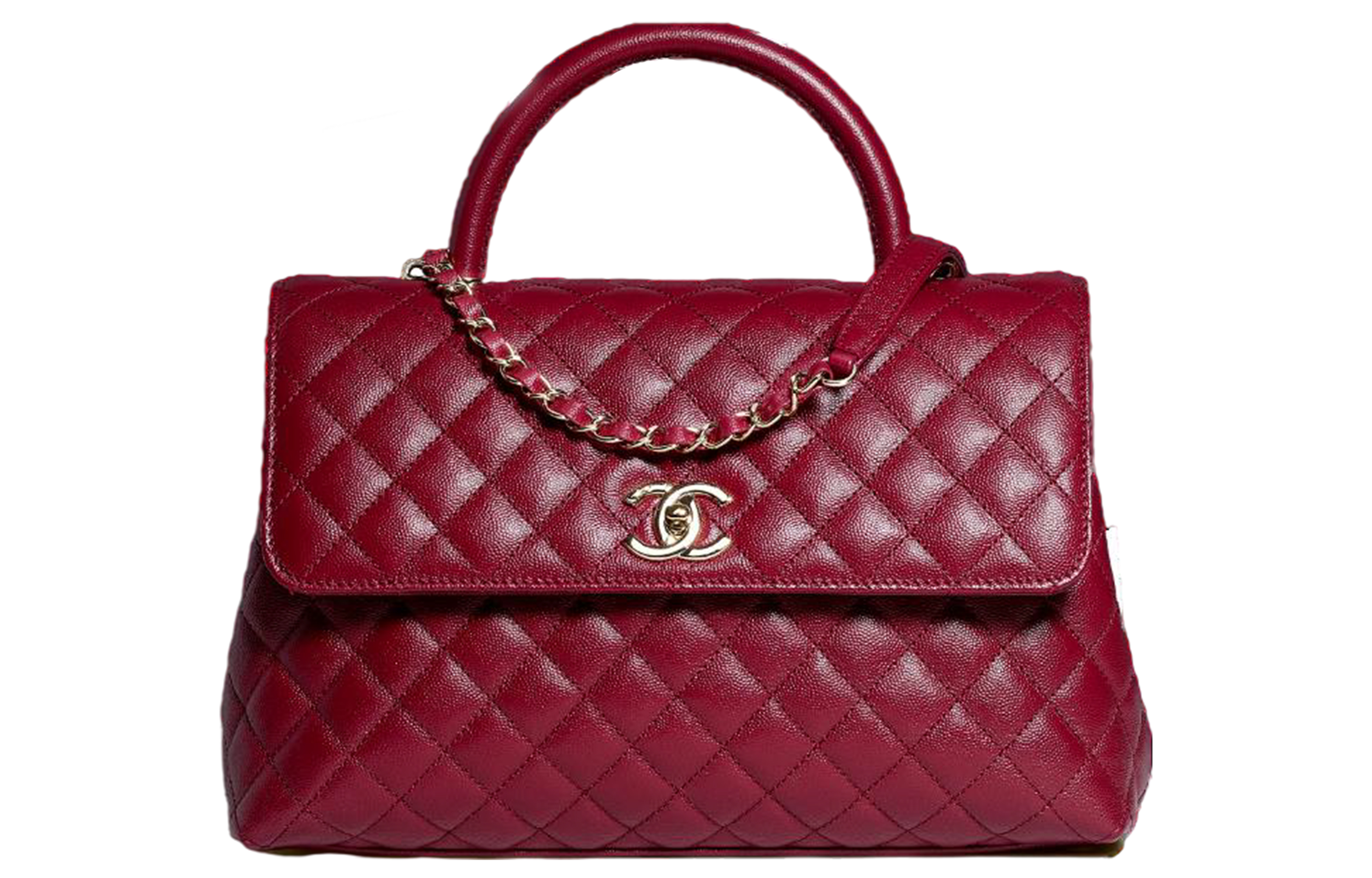CHANEL Coco Handle Cow Leather Handbag Women's Burgundy Red