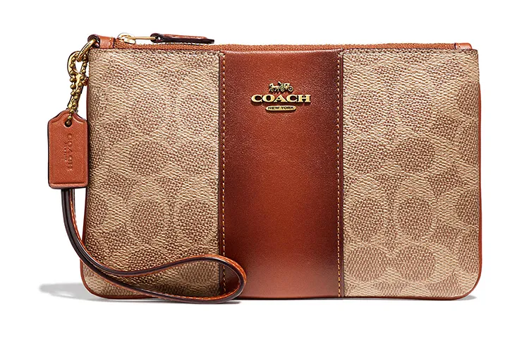 COACH Wristlet Canvas With Leather Pochette Wrist Bag Clutch Small Women's Red Brown Colorway