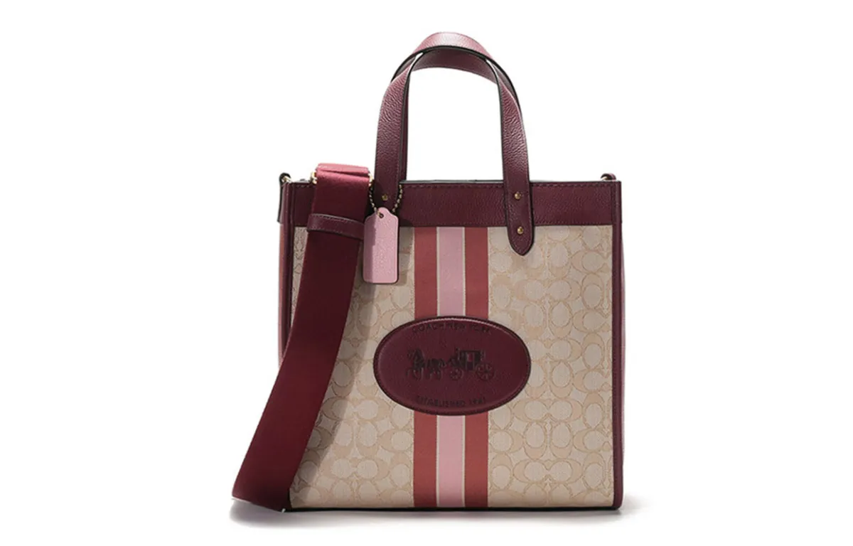 COACH Field Jacquard Fabric With Leather Tote Bag, Shopping Bag, Shoulder Bag, Handbag Large Women's Khaki & Red