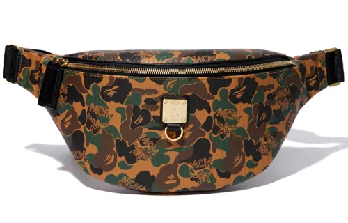 A BATHING APE MCM Collaboration Sheepskin Fanny Pack Regular Unisex Yellow Camouflage