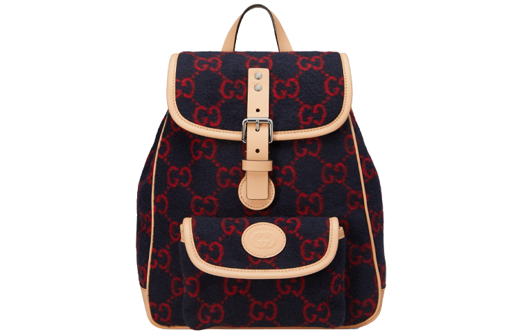GUCCI Wool Patchwork Leather Backpack Kids' Dark Blue/Red/Beige