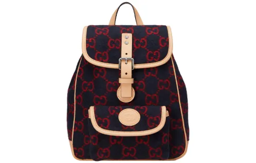 GUCCI Wool Patchwork Leather Backpack Kids' Dark Blue/Red/Beige