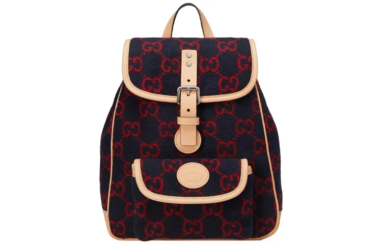 GUCCI Wool Patchwork Leather Backpack Kids' Dark Blue/Red/Beige