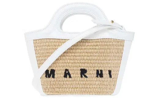 MARNI TROPICALIA Raffia, Coconut Leaf Calfskin Water Bucket Tote Bag, Shopping Bag, Shoulder Bag Women's White/Beige