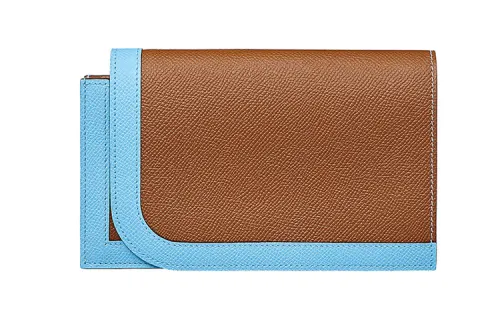 HERMES Epsom Calfskin Wallet Women's Gold & Sky Blue & Orange Red