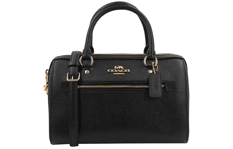 COACH Rowan Cross Grain Leather Boston Bag, One Shoulder Handbag, Crossbody Bag Large Women's Pure Black