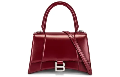 Balenciaga Hourglass Cow Leather One Shoulder Handbag, Crossbody Bag Small Dark Red Burgundy