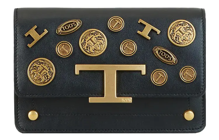 TOD'S Leather Metal T-shaped buckle Badge patch Detachable belt with metal chain Clutch waist bag shoulder bag Extra small women's black