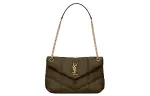 SAINT LAURENT PUFFERLOULOU Quilting Lambskin Chain Shoulder Bag, Crossbody Bag Small Women's Silver Lotus Green