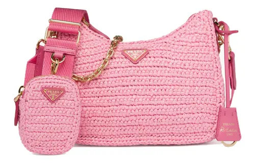 PRADA Raffia Fiber Hobo Bag, Shoulder Bag, Combination Bag, Handbag Women's Petal Pink