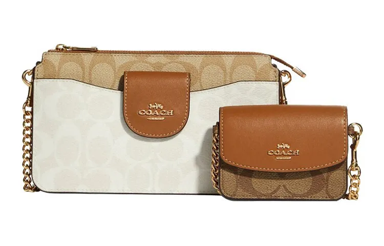 COACH Canvas With Smooth Leather Crossbody Bags Small Women's White & Khaki & Brown