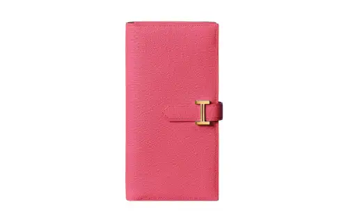HERMES Bearn Mysore Goat Skin Wallet Women's U5 Rose Lipstick Lip Balm Powder
