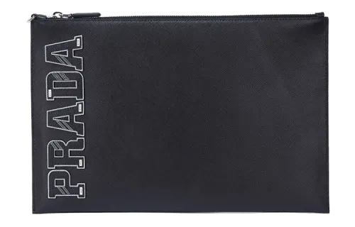 PRADA Letter Print Cow Leather Clutch Regular Unisex Black