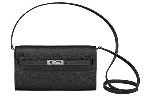 HERMES Kelly To Go Silver Tone Buckle Epsom Leather Crossbody Wallet Regular Women's 89 Noir Black