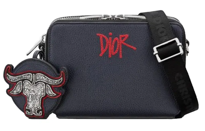DIOR Shawn Collaboration Grained Calfskin Handheld Crossbody Bag, Shoulder Bag Men's Marine Blue