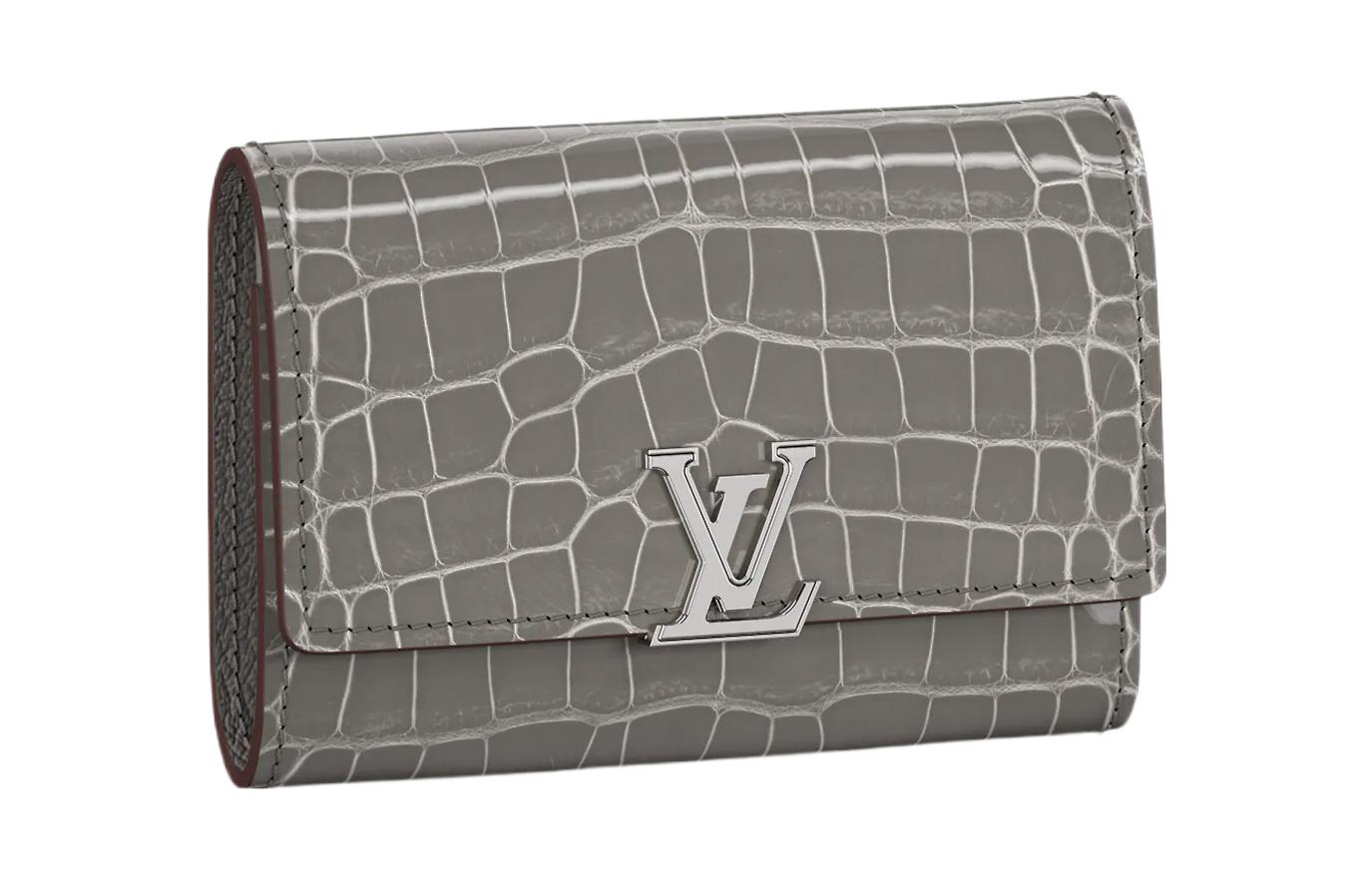 LOUIS VUITTON Capucines shiny alligator leather goatskin lining Capucines short folding wallet card holder coin purse women's gray