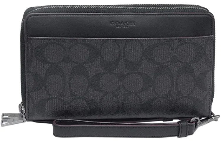 COACH Double Zip Wallet Coated Canvas With Leather Card Holder, Wallet Small Men's Black