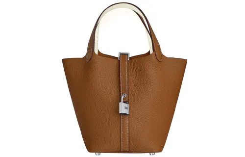 HERMES Clemence With Swift Calfskin Basket Bag, Bucket Bag, Handbag 18 Women's Gold Brown & Milkshake White