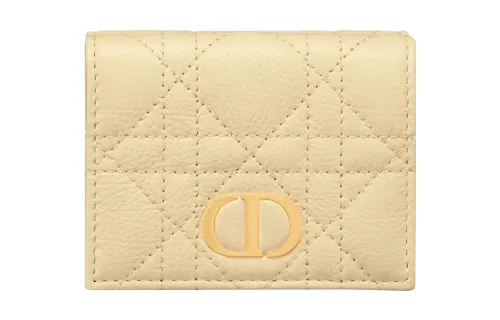 DIOR Caro Calfskin Coin Purse, Card Holder, Clutch, Wallet Women's Custard