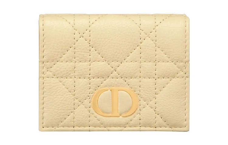 DIOR Caro Calfskin Coin Purse, Card Holder, Clutch, Wallet Women's Custard