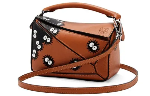 LOEWE X Totoro Collaboration Puzzle Calfskin Handbag, Shoulder Bag, Crossbody Bag Women's Tan/Black