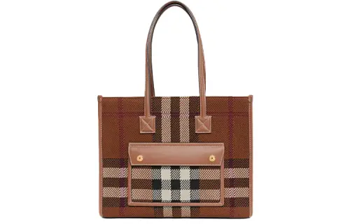 Burberry Freya Calfskin Textile Tote Bag, Shopping Bag, Shoulder Bag, Handbag Small Women's Birch Brown