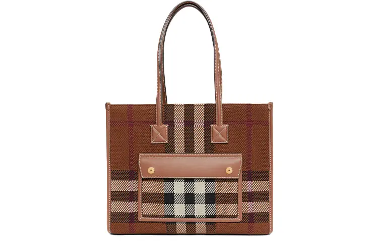 Burberry Freya Calfskin Textile Tote Bag, Shopping Bag, Shoulder Bag, Handbag Small Women's Birch Brown