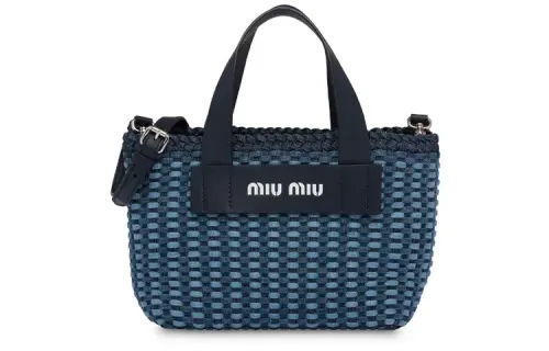 MIU MIU Woven Cowhide Leather With Polyurethane Tote Bag, Shopping Bag, Handbag Women's Blue
