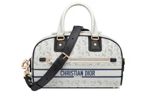 DIOR Cow Leather Bowling Bag, Shoulder Bag, Crossbody Bag, Handbag Women's White & Blue